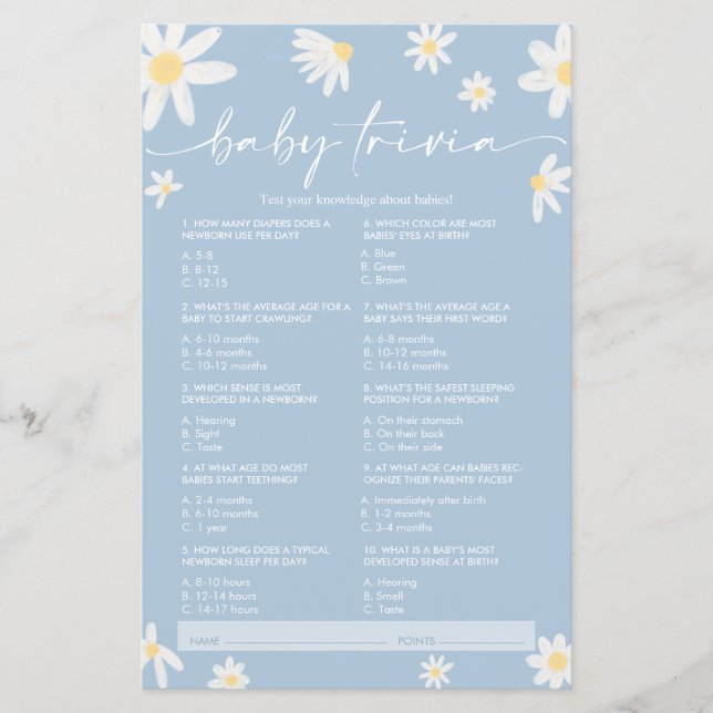 Daisy Blue Baby Trivia, Baby shower Game (Voorkant)