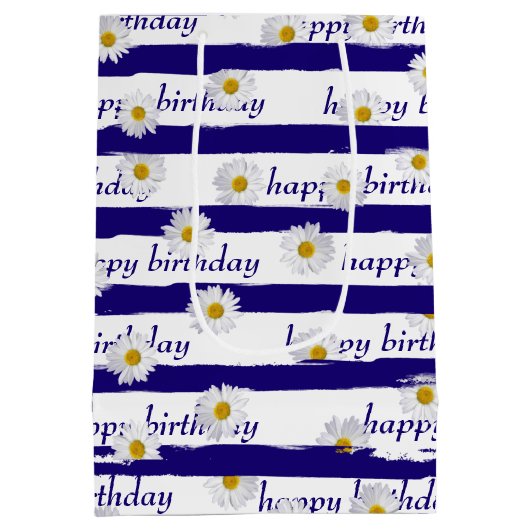 Daisy Blue Stripes Birthday Medium Gift Bag Medium Cadeauzakje (Achterkant)