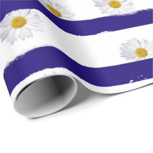 Daisy Blue Stripes Wrapping Paper Cadeaupapier