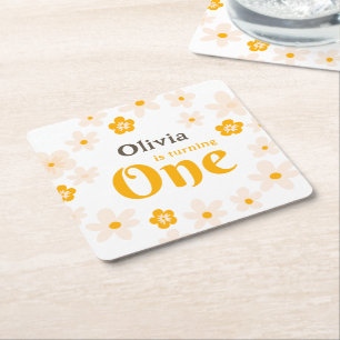 Daisy Boho Floral 1e verjaardag Vierkante Kartonnen Onderzetter