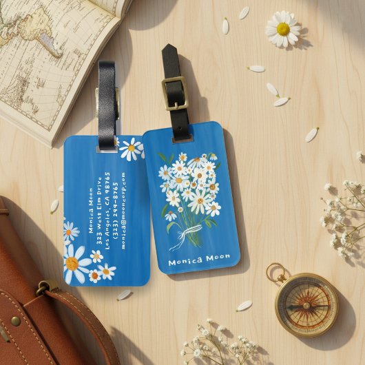 Daisy Bouquet Handpainted Gouache Custom Name Bagagelabel