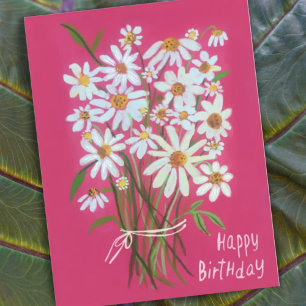 Daisy Bouquet Happy Birthday Roze Handbeschilderd Briefkaart