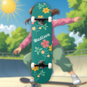 Daisy Bouquet Pattern in Green Skateboard
