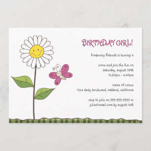 Daisy & Butterfly Girls Birthday Party Invitation Kaart
