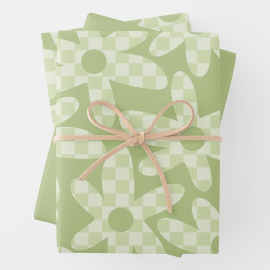 Daisy Check Sage Green Retro Modern Pattern Inpakpapier Vel (In situ)
