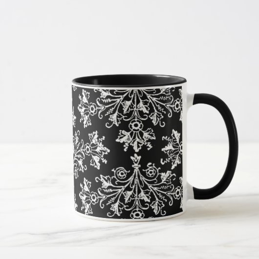 Daisy Damask Etching White op zwarte Mok (Rechts)