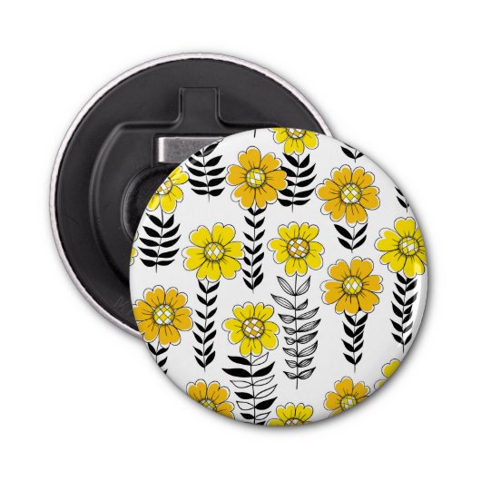 Daisy doodles in geel en zwart button flesopener (Voorkant)
