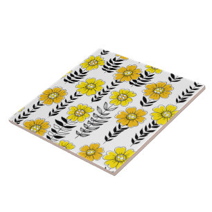 Daisy doodles in geel en zwart tegeltje