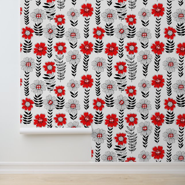 Daisy doodles in rood en zwart behang (Applicatie)