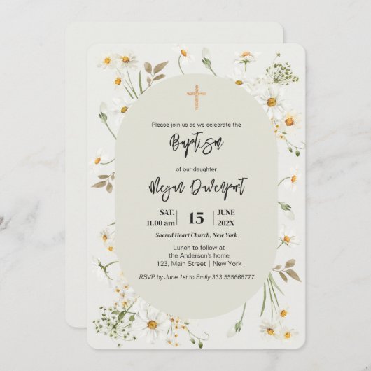 Daisy élégant Floral Boho Baptism Invitation (Devant / Derrière)