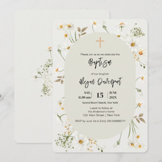 Daisy elegant Floral Boho Baptism Invitation Kaart (Voorkant / Achterkant)