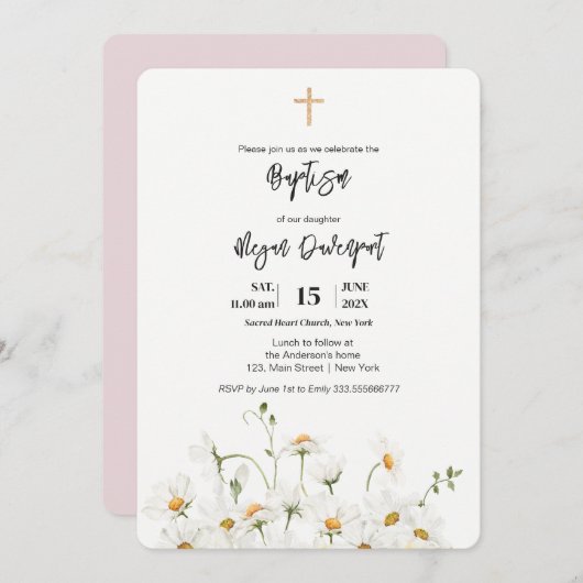 Daisy élégante fille Baptême Invitation (Devant / Derrière)