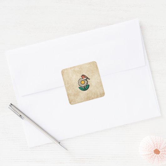Daisy en Bird Design Vierkante Sticker (Envelop)