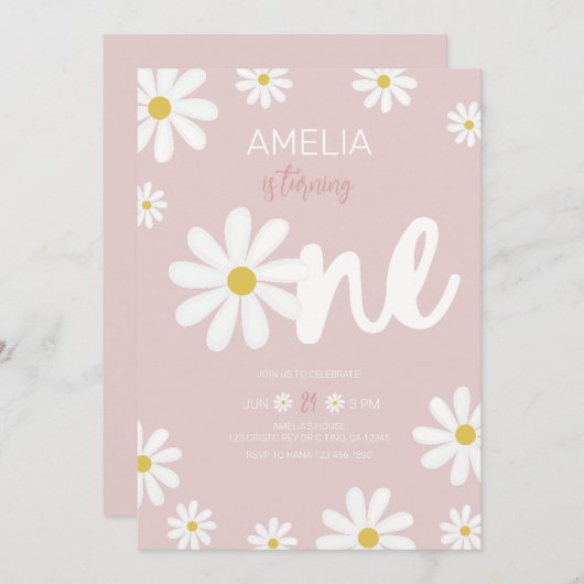 Daisy First Birthday Party Invitations (Devant / Derrière)