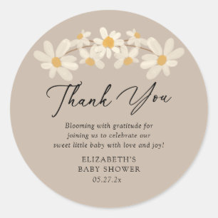 Daisy Floral Brown Baby shower Bedankt Ronde Sticker