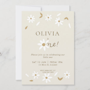 Daisy Floral First Birthday Invitation - Beige Kaart