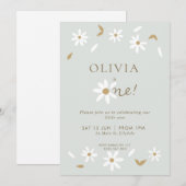 Daisy Floral First Birthday Invitation - Sage Kaart (Voorkant / Achterkant)
