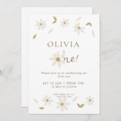 Daisy Floral First Birthday Invitation - White Kaart (Voorkant / Achterkant)