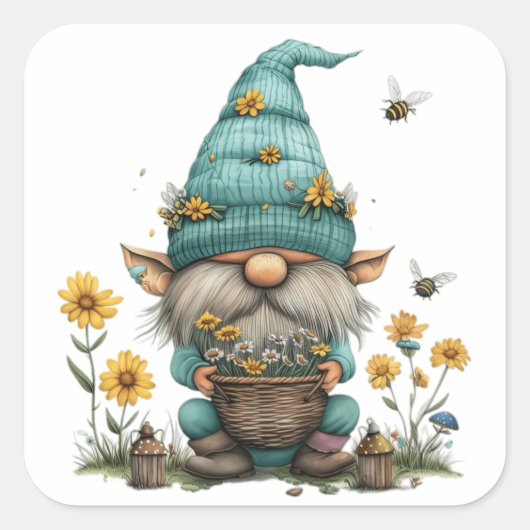 Daisy Floral Gnome Vierkante Sticker (Voorkant)