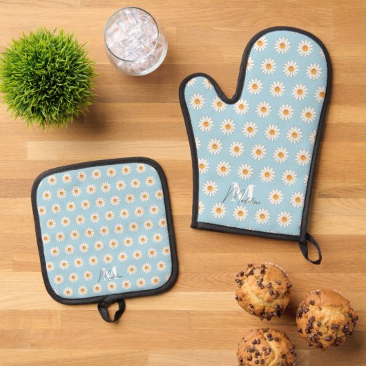 Daisy Floral Oven Mitt & Pot Houder Set (Top down)