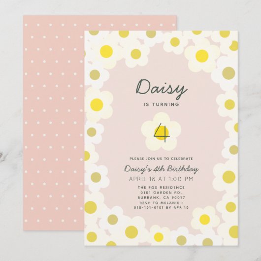 Daisy Floral Pink Birthday Uitnodiging (Voorkant / Achterkant)