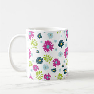 Daisy Floral Pink Blue Green Leaf Pattern Koffiemok