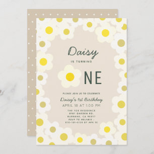 Daisy Floral Taupe 1e verjaardag Uitnodiging