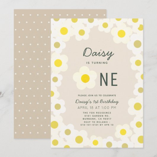 Daisy Floral Taupe 1er Invitation anniversaire (Devant / Derrière)