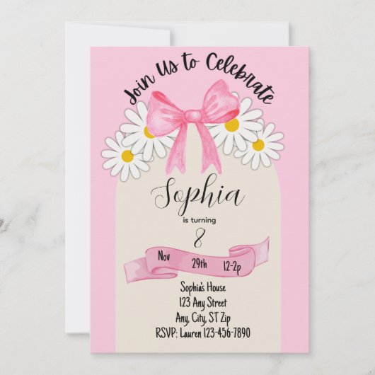Daisy Flower and Bow Birthday Invitation (Devant)