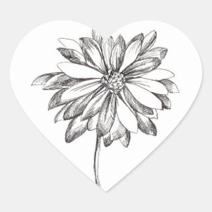 Daisy Flower Black Pen and Ink Tekening Hart Sticker