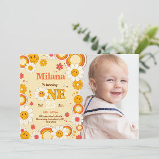 Daisy Flower First Birthday Photo Invitation Kaart