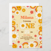 Daisy Flower Groovy First Birthday Invitation Kaar Kaart (Voorkant / Achterkant)