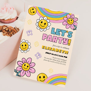Daisy Flower Groovy Retro Verjaardag Uitnodiging K