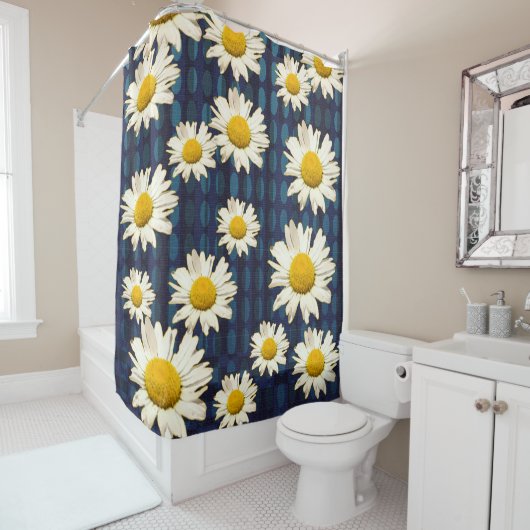 Daisy Flowers and Oval Geometric Blue Yellow Douchegordijn (In situ)