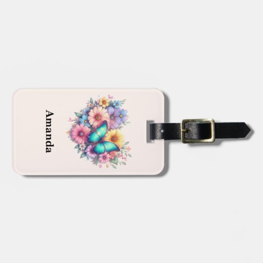 Daisy Flowers with a Beautiful Butterfly Bagagelabel (Voorkant horizontaal)