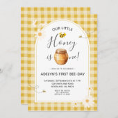Daisy Gingham Honey Bee 1e Verjaardag Uitnodiging (Voorkant / Achterkant)
