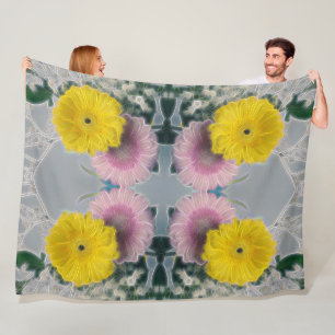 Daisy Glow -Roze Geel Bloemmotief Fleece Deken