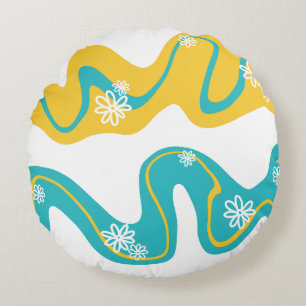 Daisy Groove - Turquoise en Geel Rond Kussen