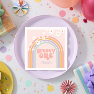 Daisy Groovy Eén Verjaardag in pastel regenboog Servet