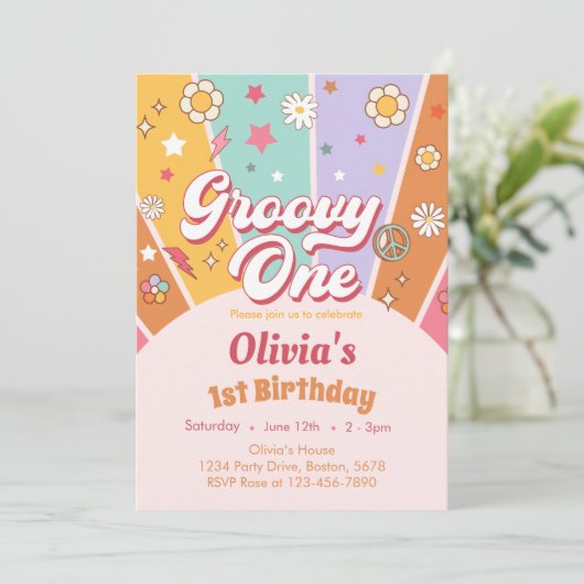 Daisy Groovy One Retro 1e Verjaardag Uitnodiging (Staand voorkant)