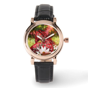 Daisy Horse Abstracte Kunst Rood Wit Groen Bloemen Horloge