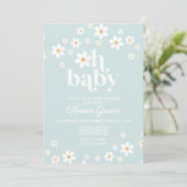 Daisy Light Blue Retro Baby shower Invitation Kaart (Staand voorkant)