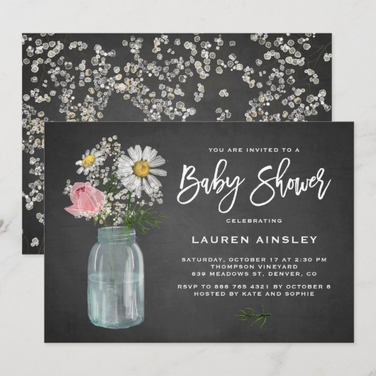 Daisy Mason Jar Rustic Chalkboard Baby shower Kaart (Voorkant / Achterkant)