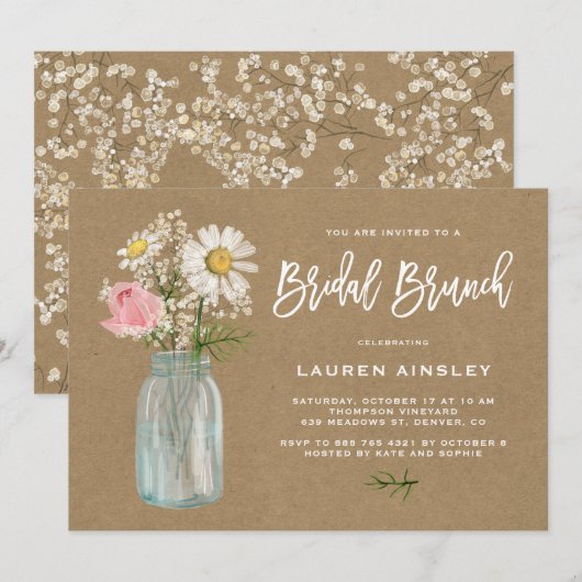 Daisy Mason Jar Rustic Kraft Paper Bridal Brunch Kaart (Voorkant / Achterkant)