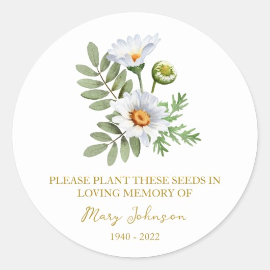 Daisy Memorial Funeral Seed Packet Ronde Sticker (Voorkant)