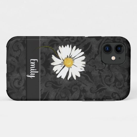 Daisy on Black Damask Coque-Mate coque iphone (Dos (Horizontal))