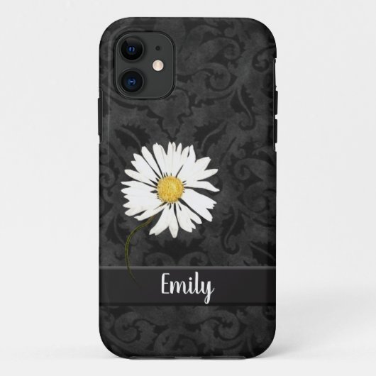 Daisy on Black Damask Hoesje-Mate iPhone Case (Achterkant)