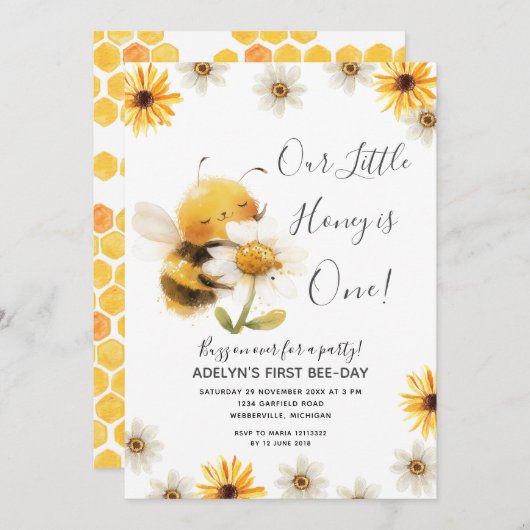 Daisy Onze kleine Honey Bee 1e Verjaardag Zonneblo Kaart (Voorkant / Achterkant)