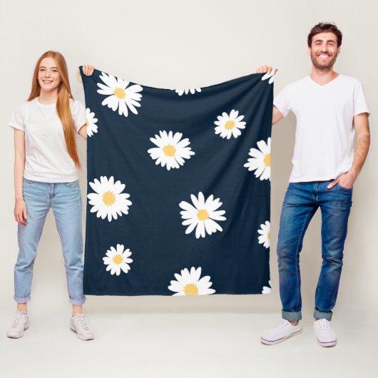 Daisy op blauw patroon fleece deken (In situ)