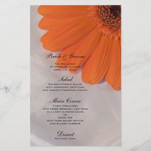 Daisy orange sur le menu Mariage satiné blanc (Devant)